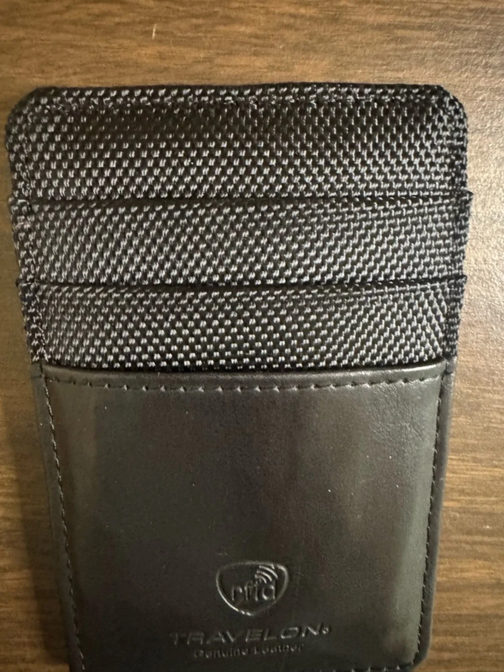 Travelon Black Leather RFID Card Sleeve with Woven Back